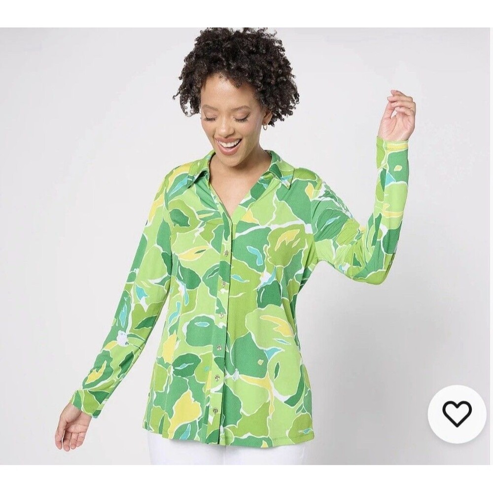 Susan Graver Passport Printed Liquid Knit A-Line Shirt XL Green / Yellow